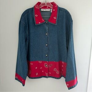 Vintage Bedford Fair Denim Button Down Shirt jacket with red bandana trim